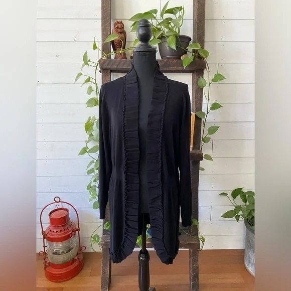 Valerie Steven’s: Elegant Black Open-Front Cardigan Sweater with Ruffle Trim - Picture 11 of 17